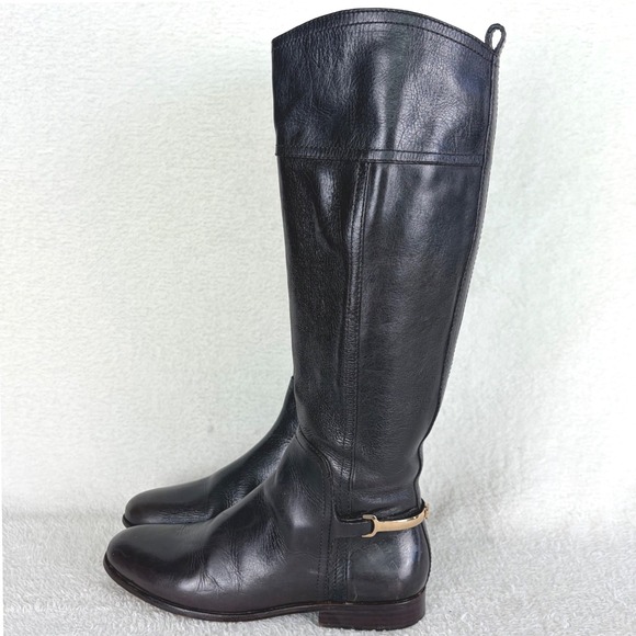 Tory Burch Jess Dark Brown Leather Knee High Riding Boots Gold Horsebit 7.5M - Picture 3 of 16